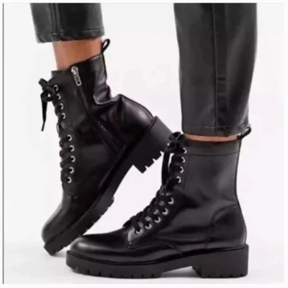 Steve Madden Checker Black Leather Combat Boot Sz 8